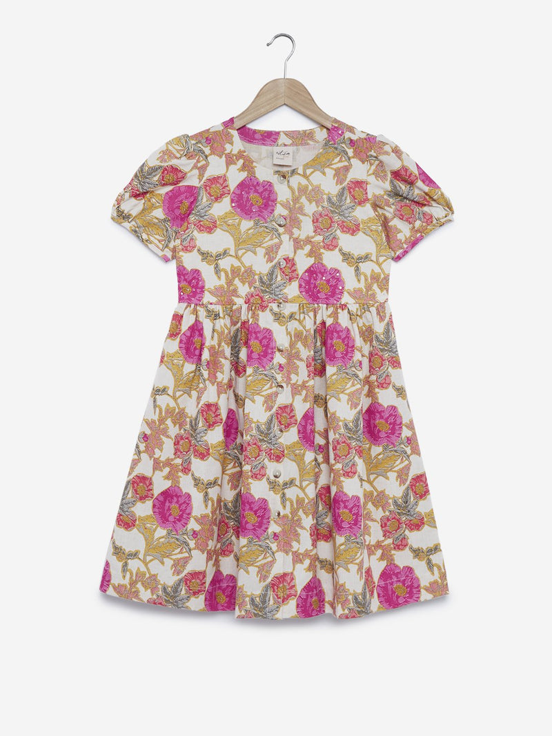 Utsa Kids Off White Floral Print Dress