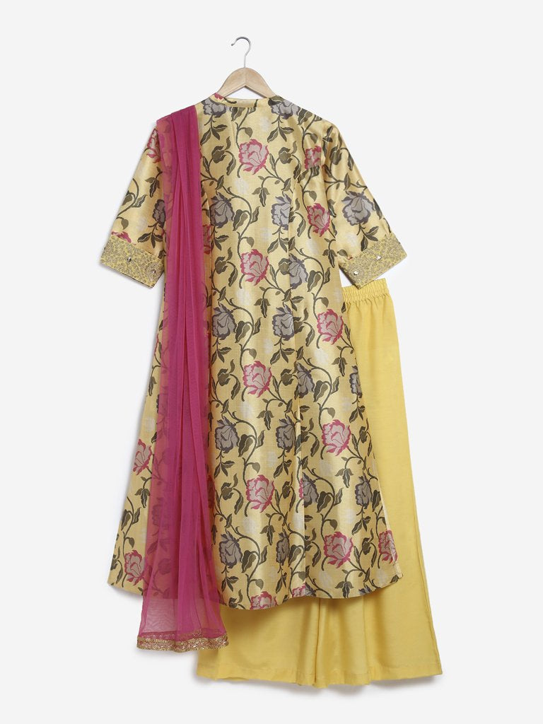 Vark Yellow Floral A-line Kurta And Palazzos Set