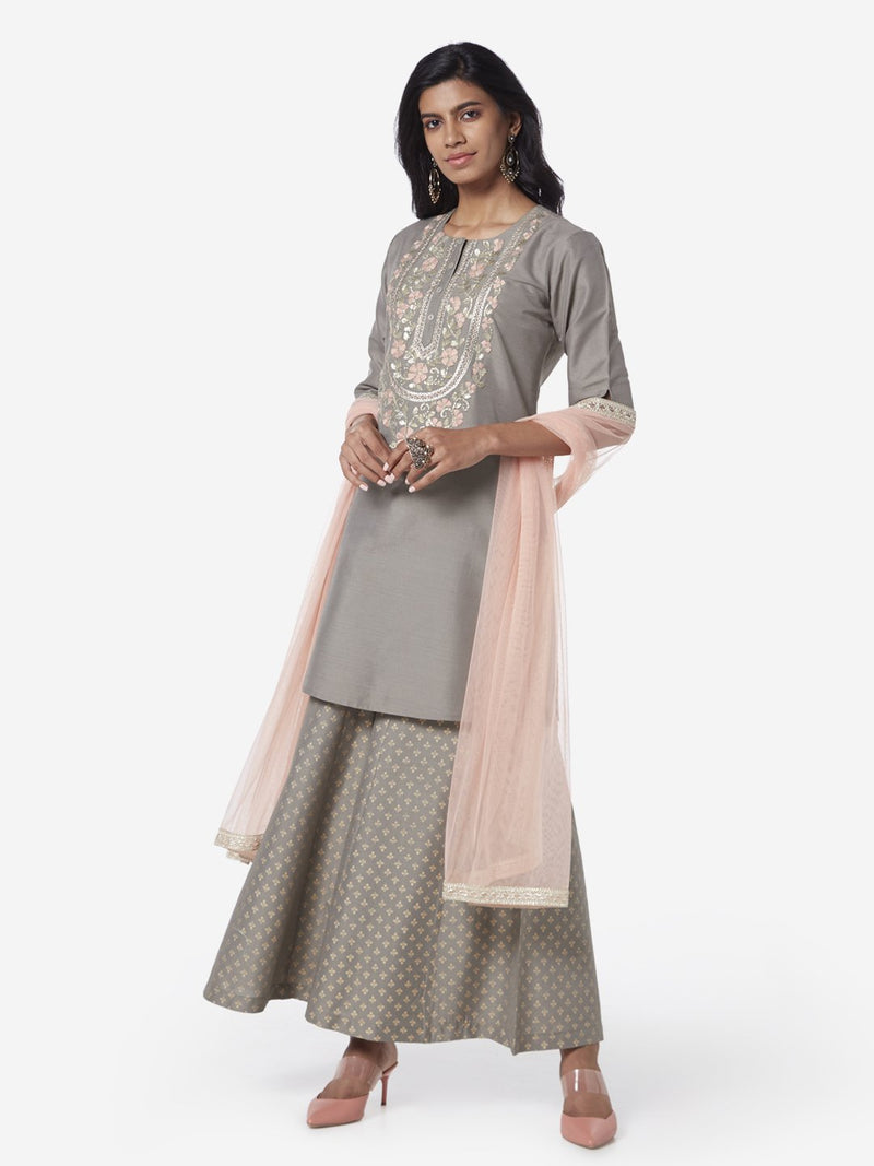 Vark Grey Embroidered Kurta And Palazzos Set