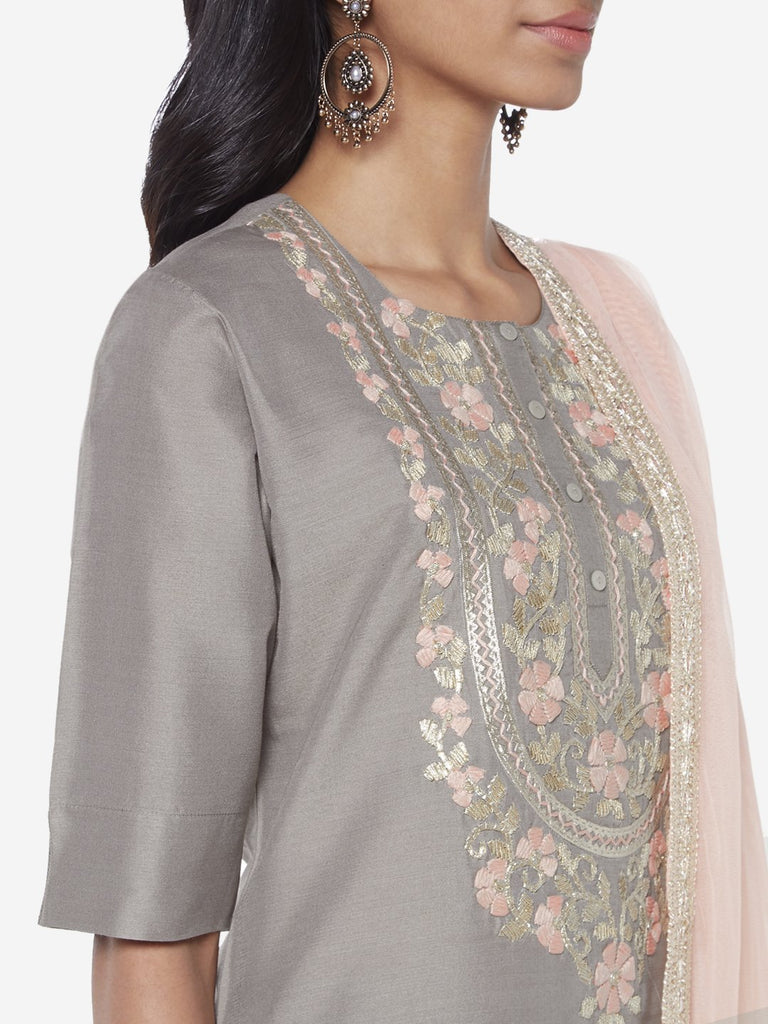 Vark Grey Embroidered Kurta And Palazzos Set