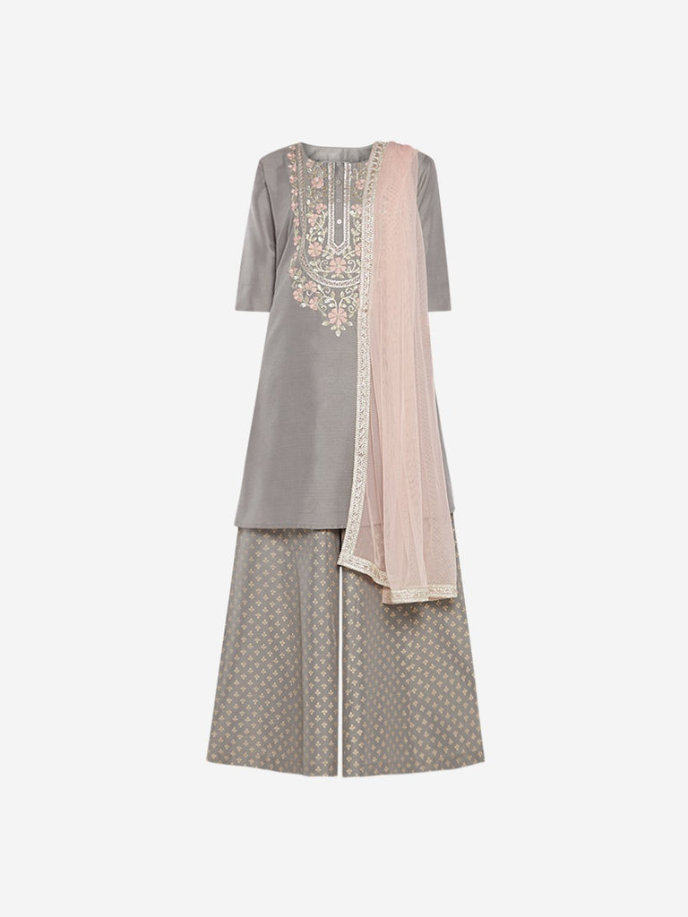 Vark Grey Embroidered Kurta And Palazzos Set