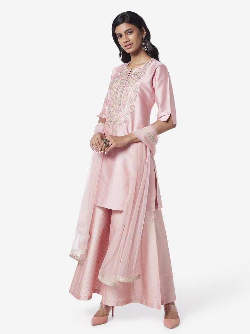 Vark Pink Kurta And Paneled Palazzos Set