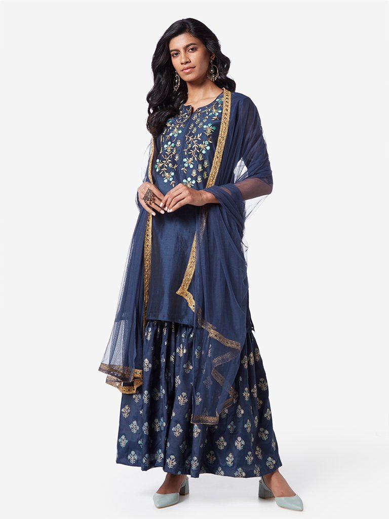 Vark Indigo Kurta, Dupatta And Sharara Set