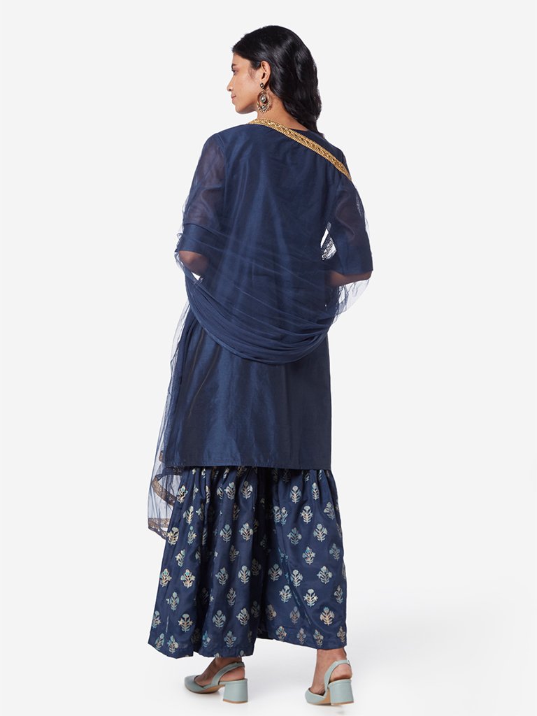 Vark Indigo Kurta, Dupatta And Sharara Set