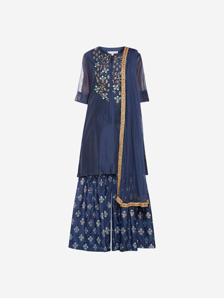 Vark Indigo Kurta, Dupatta And Sharara Set