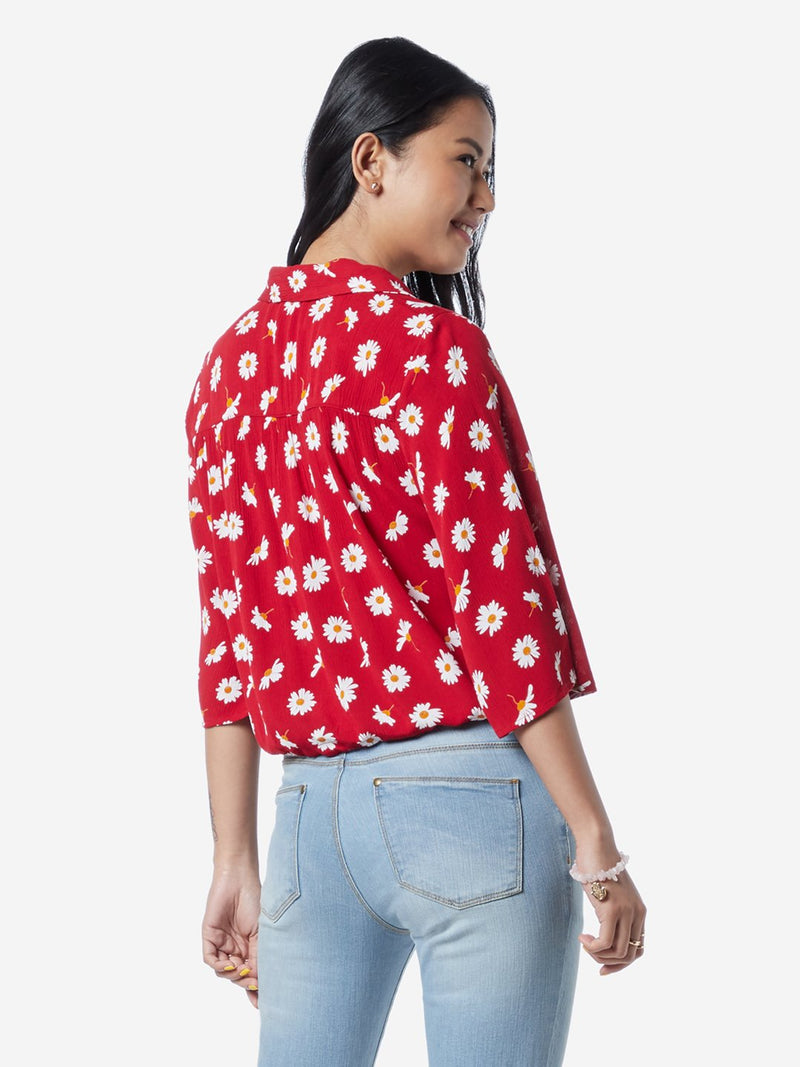 Nuon Red Lenard Floral Design Cropped Shirt