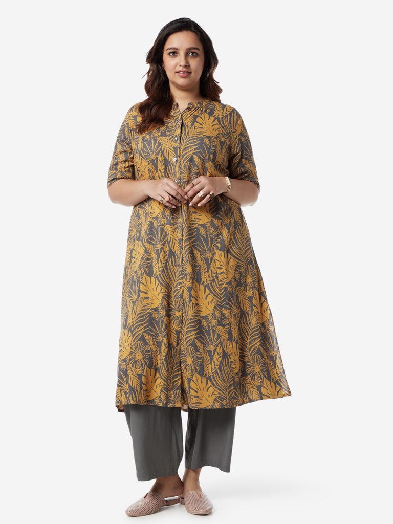 Diza Curves Grey Leaf Print A-Line Kurta