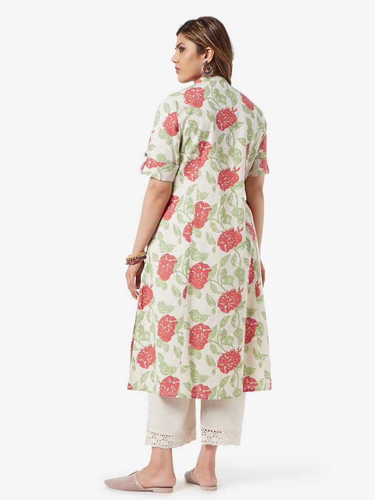 Diza Curve Off White Floral A-line Kurta