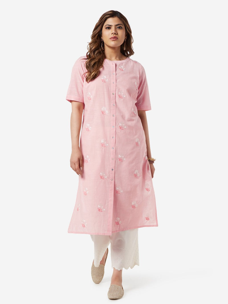 Diza Curve Peach Embroidered Straight Kurta