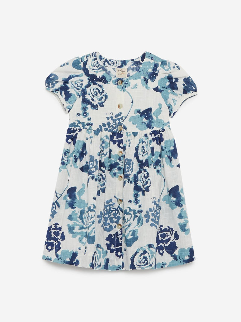 Utsa Kids Blue Floral Fit-And-Flare Dress