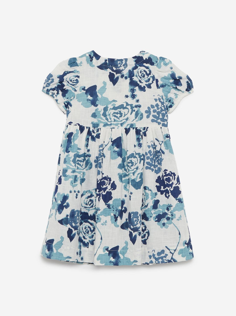Utsa Kids Blue Floral Fit-And-Flare Dress