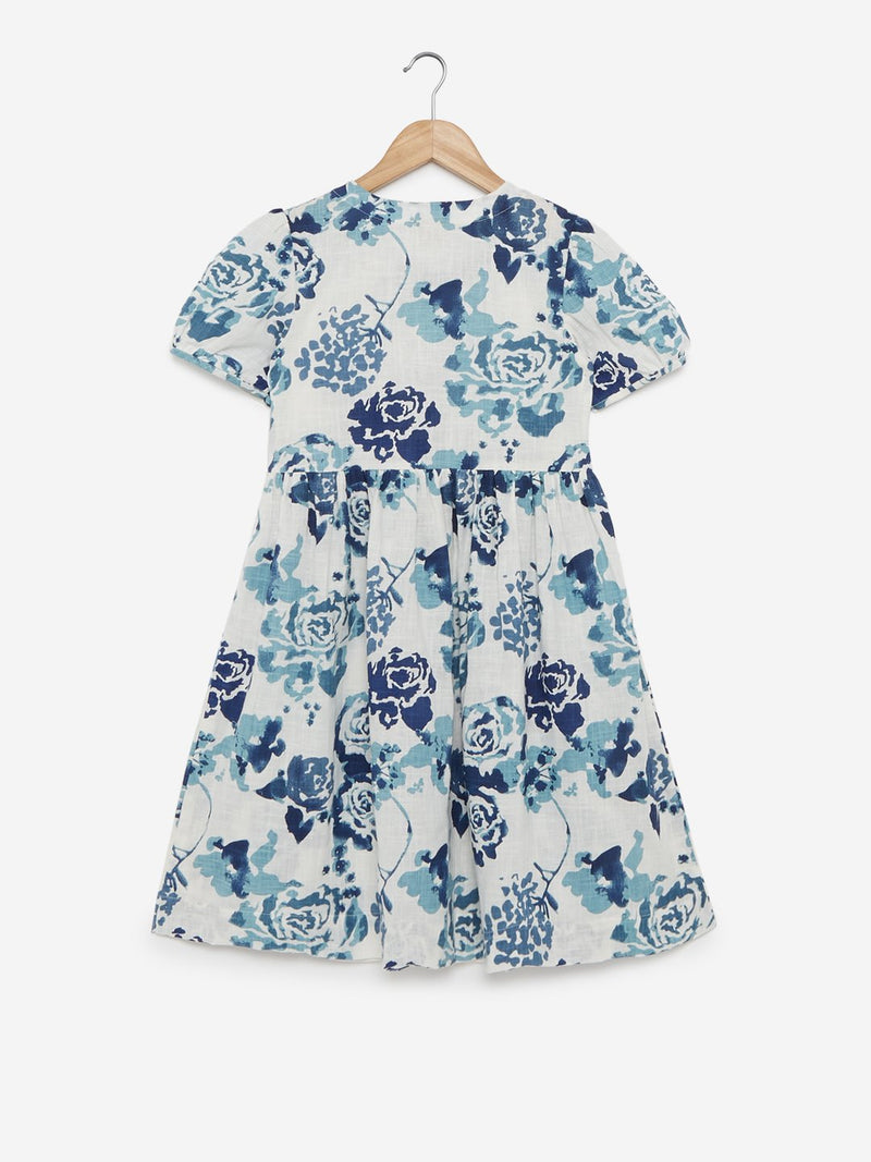 Utsa Kids Blue Floral Fit-And-Flare Dress