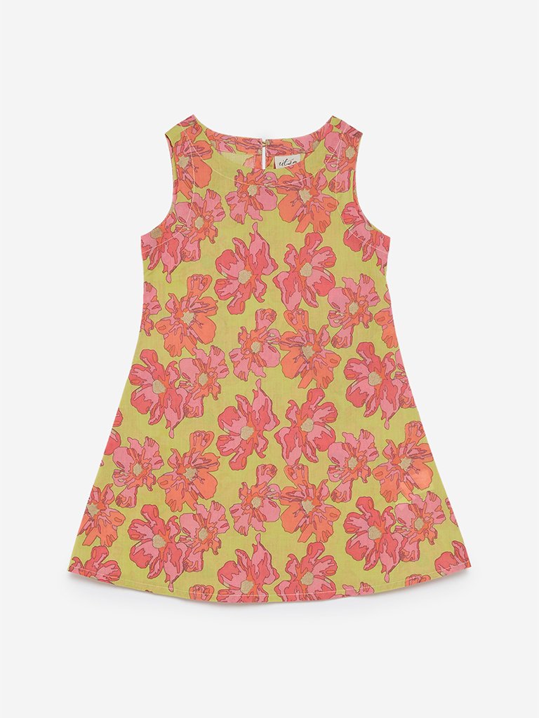 Utsa Kids Lime Floral Printed A-line Kurta