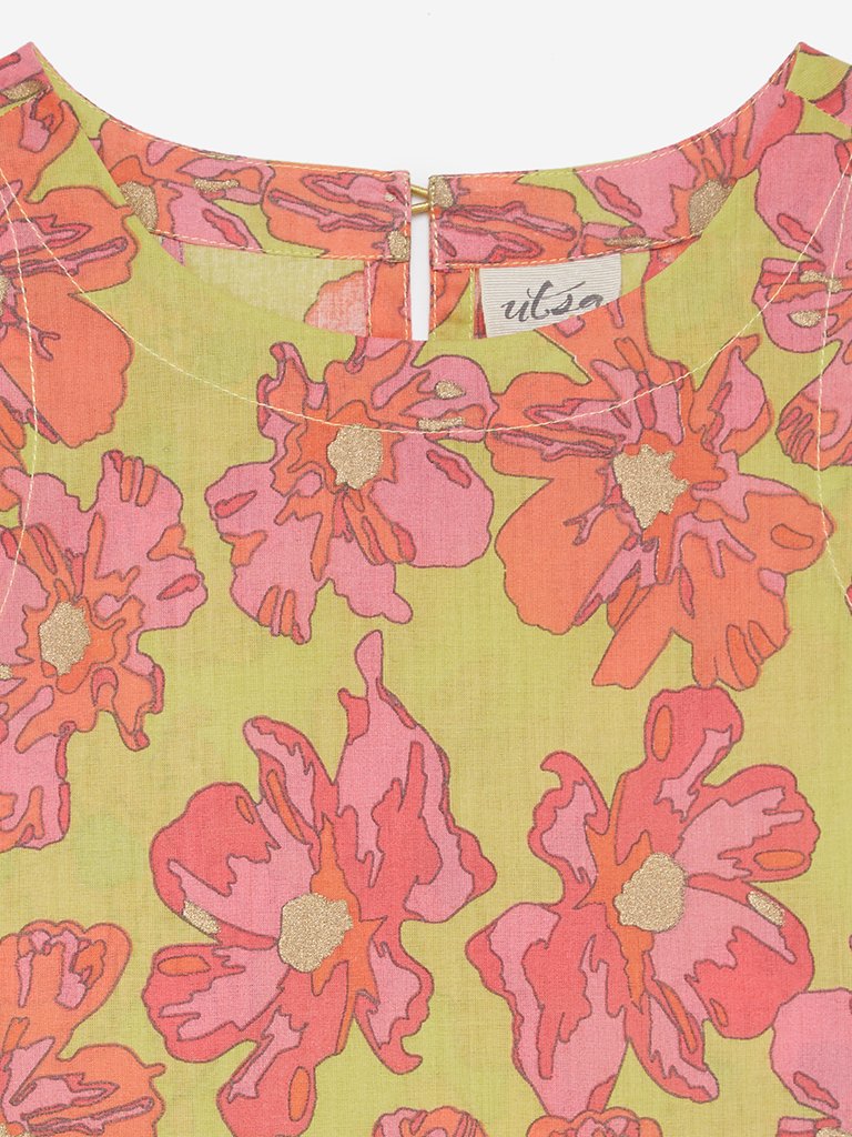 Utsa Kids Lime Floral Printed A-line Kurta