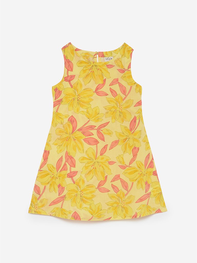 Utsa Kids Yellow Floral Printed A-line Kurta
