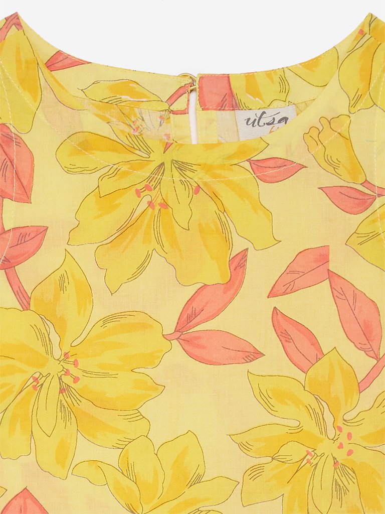 Utsa Kids Yellow Floral Printed A-line Kurta