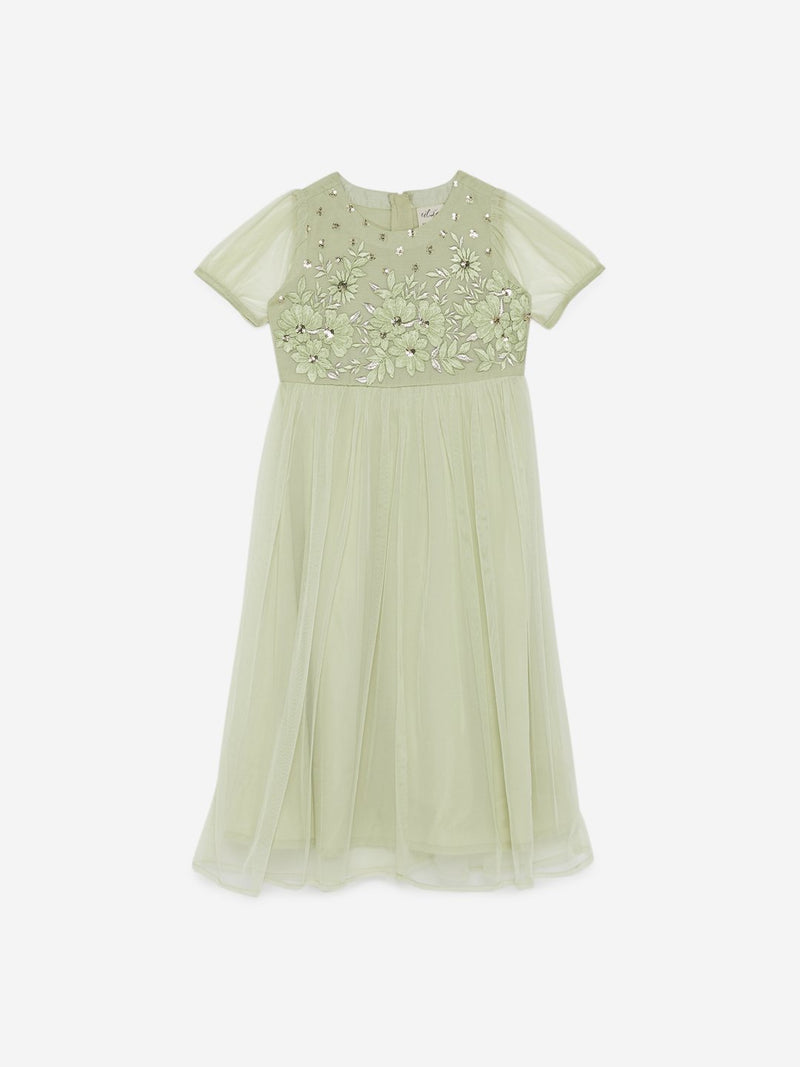 Utsa Kids Light Green Embroidered Maxi Dress