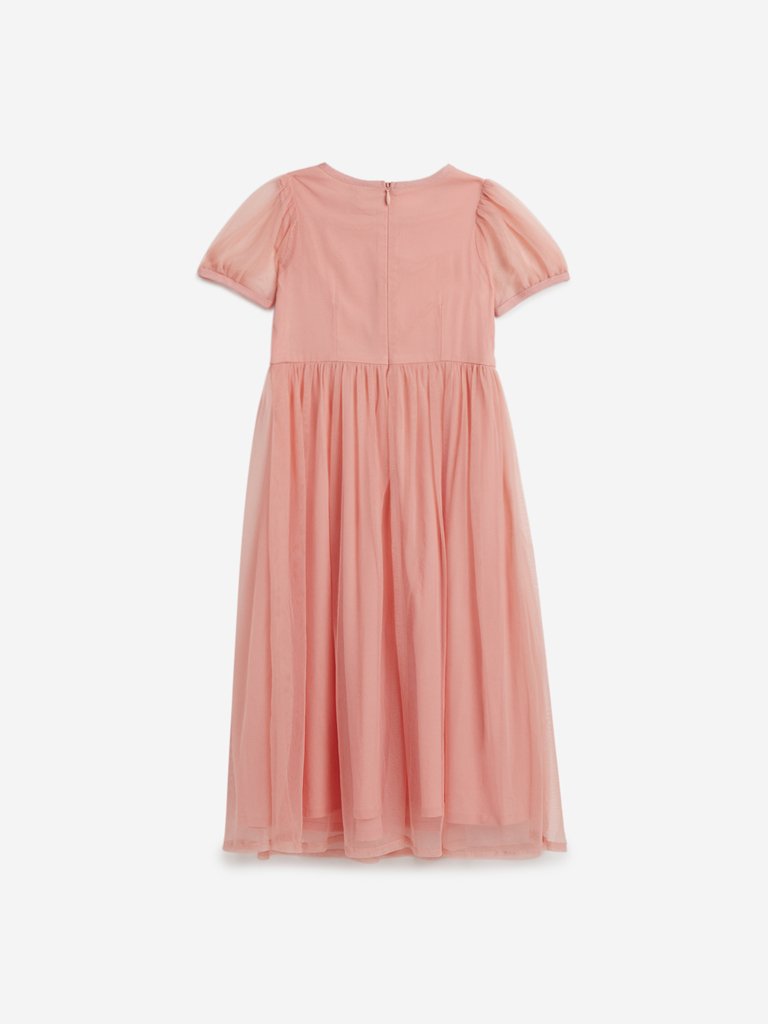 Utsa Kids Peach Embroidered Maxi Dress