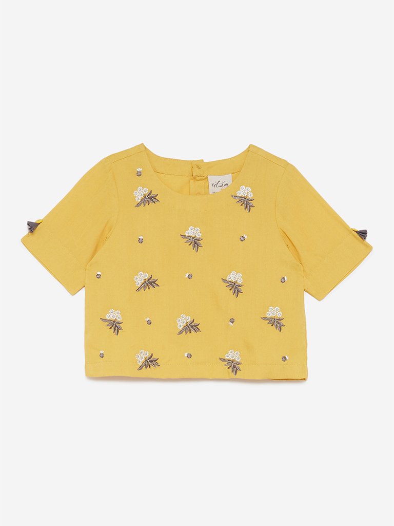 Utsa Kids Yellow Floral Embroidered Top