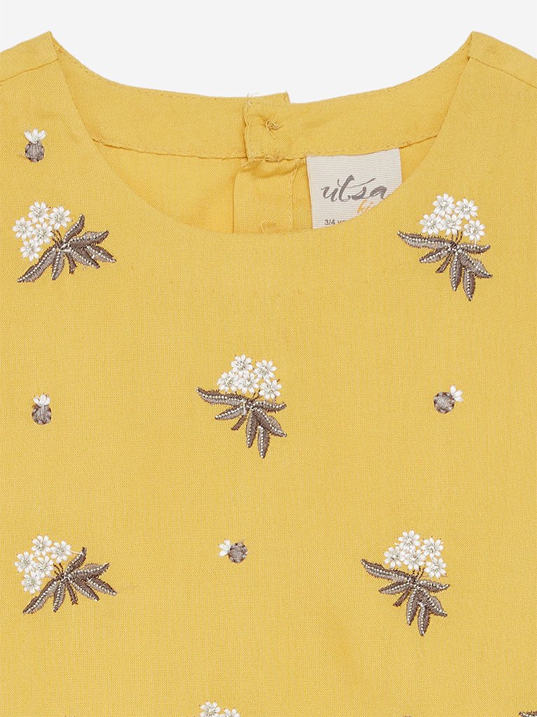 Utsa Kids Yellow Floral Embroidered Top