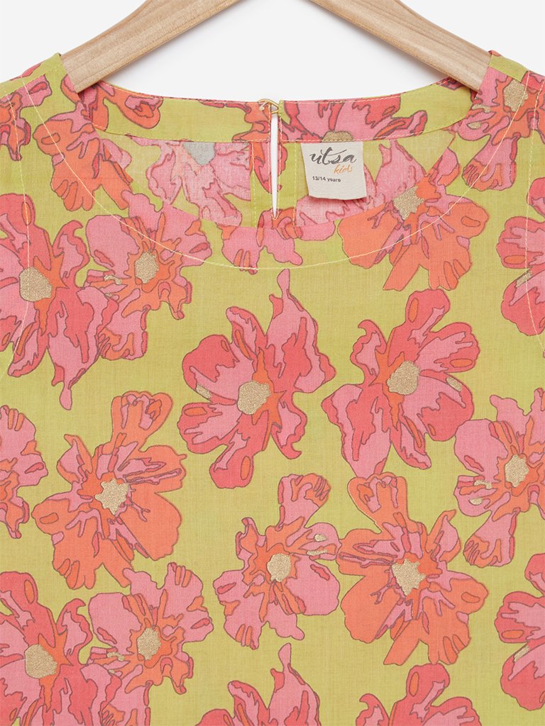 Utsa Kids Lime Floral Printed A-line Kurta