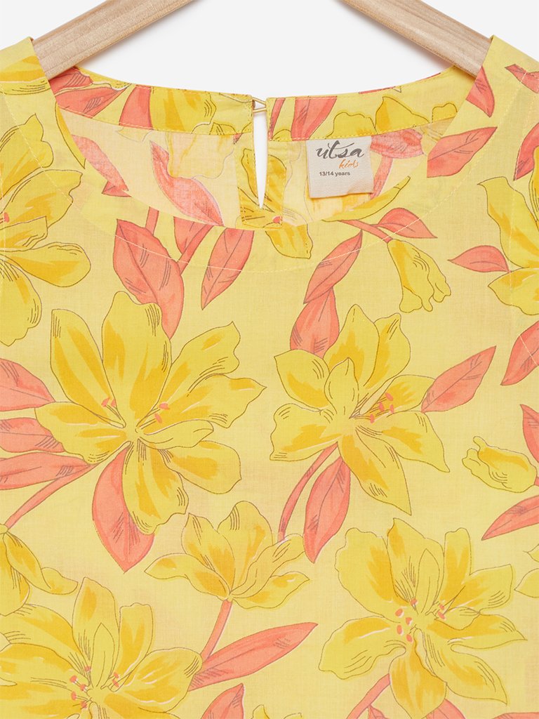 Utsa Kids Yellow Floral Printed A-line Kurta