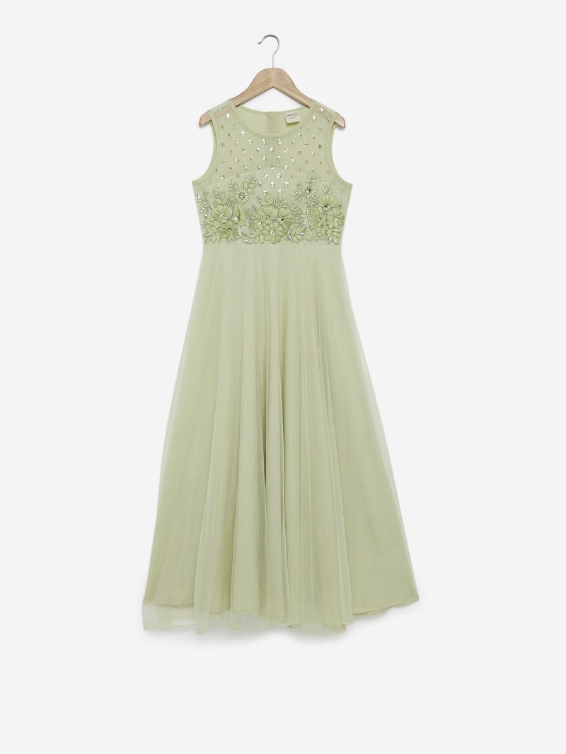 Utsa Kids Light Green Embroidered Maxi Dress