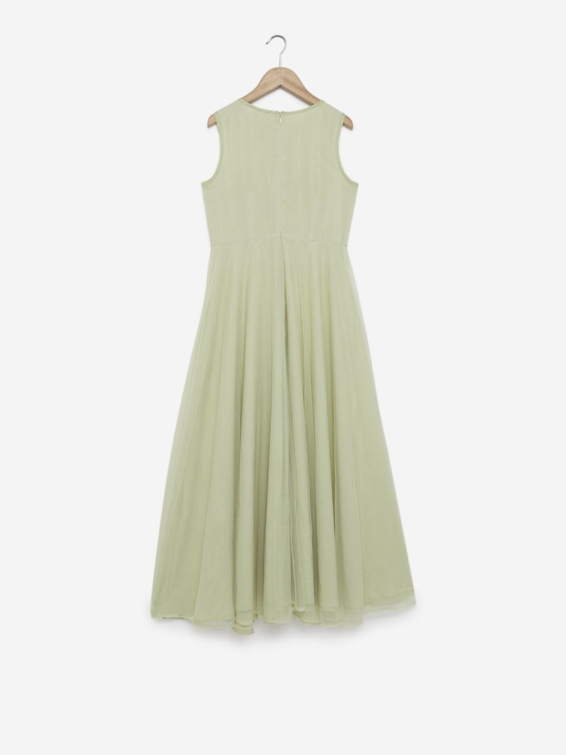 Utsa Kids Light Green Embroidered Maxi Dress