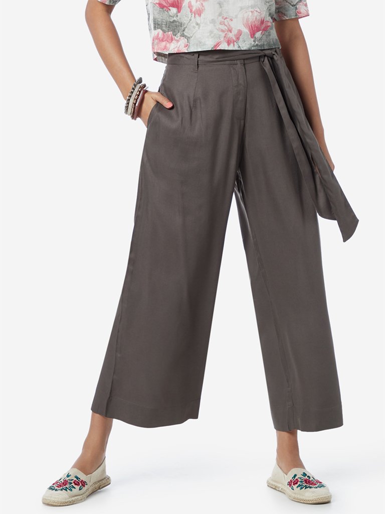 Bombay Paisley Grey Cropped Palazzos With Belt