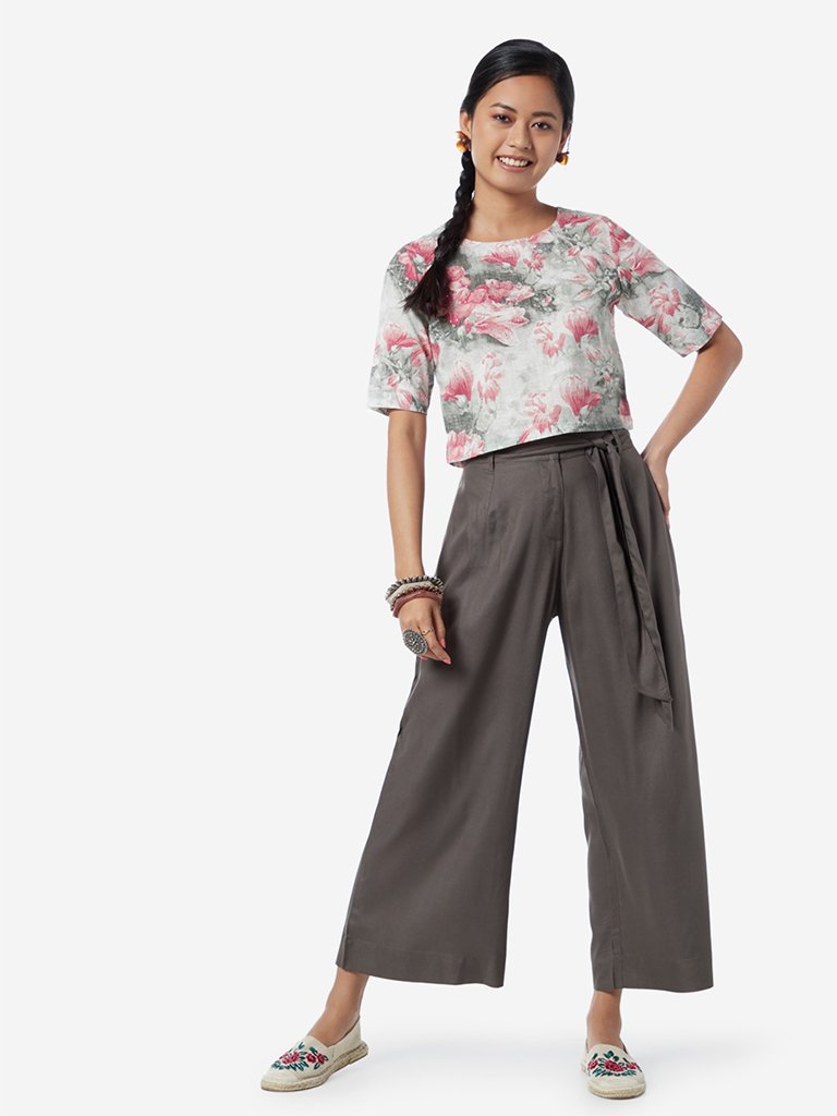 Bombay Paisley Grey Cropped Palazzos With Belt