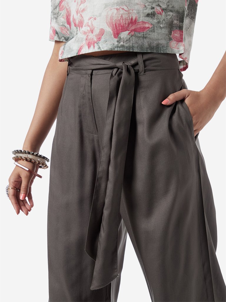 Bombay Paisley Grey Cropped Palazzos With Belt