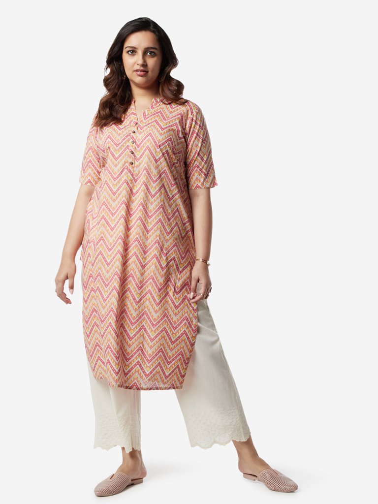 Diza Curves Peach Chevron Pattern Straight Kurta