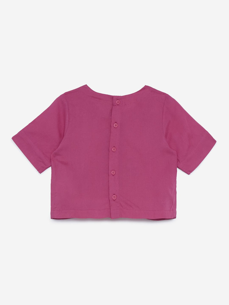 Utsa Kids Pink Floral Embroidered Crop-Top