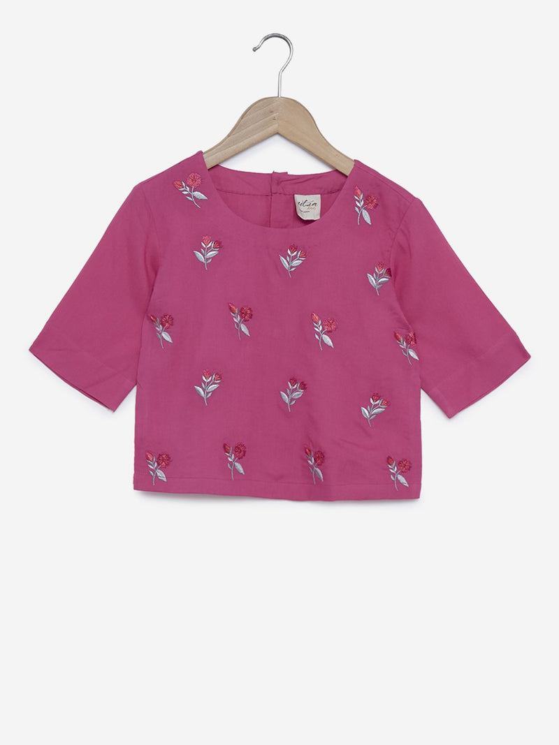 Utsa Kids Pink Floral Embroidered Crop-Top