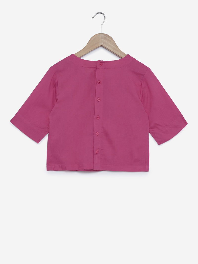 Utsa Kids Pink Floral Embroidered Crop-Top