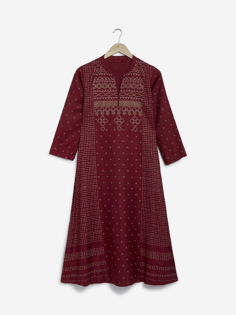 Zuba Maroon Bandhani Print A-line Kurta