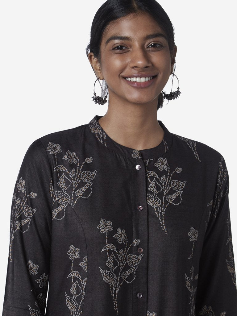 Zuba Black Floral Printed A-Line Kurta