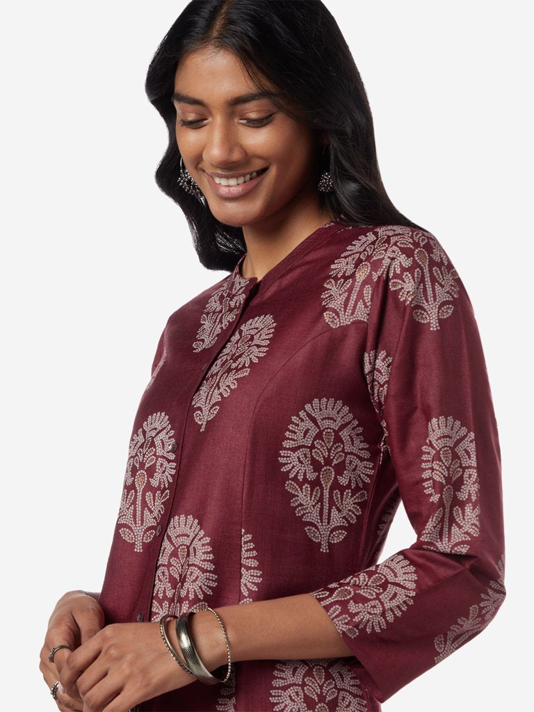 Zuba Red Floral Silk Blend A-Line Kurta