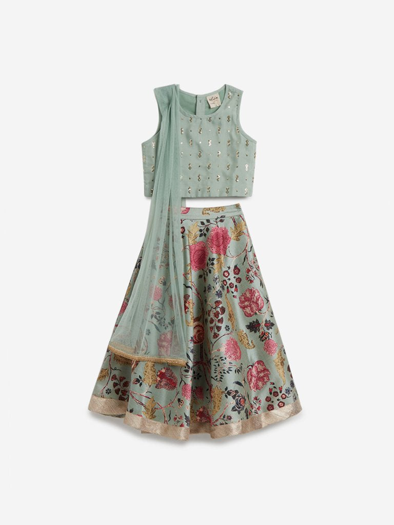 Utsa Kids Light Green Floral Ghagra Choli Set