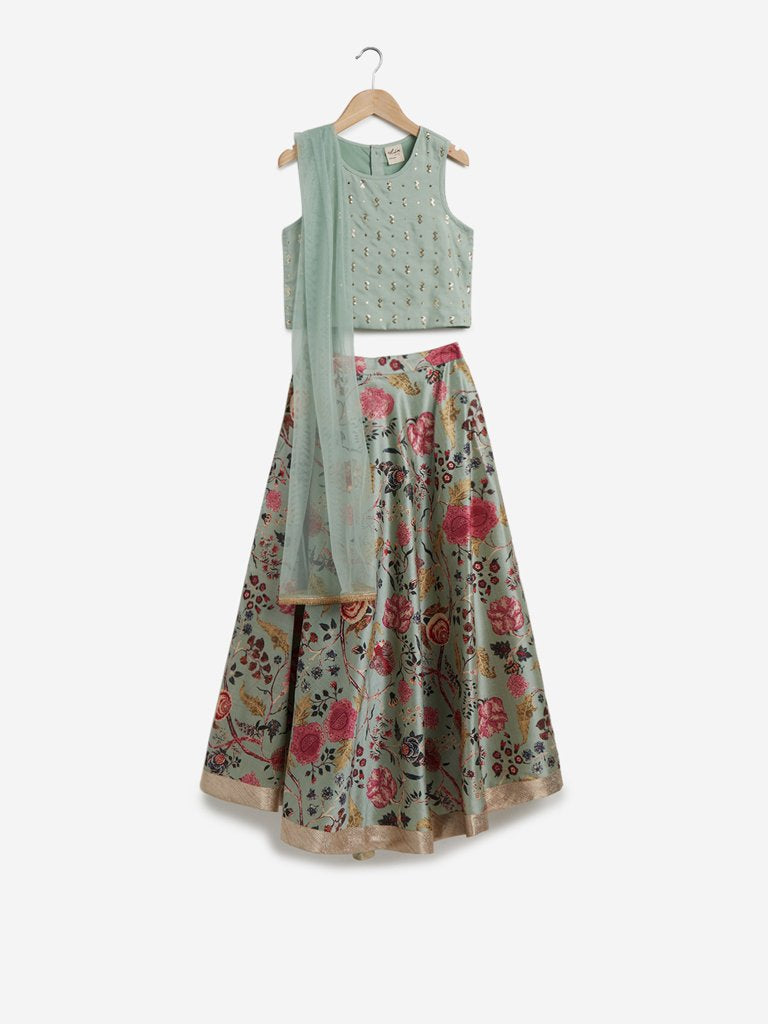 Utsa Kids Light Green Floral Ghagra Choli Set