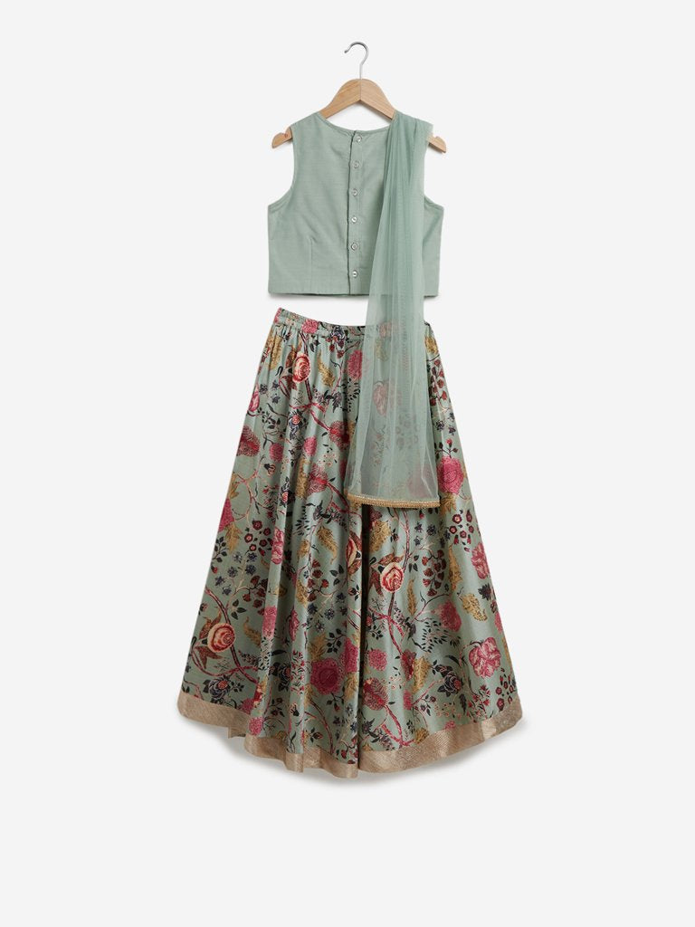 Utsa Kids Light Green Floral Ghagra Choli Set