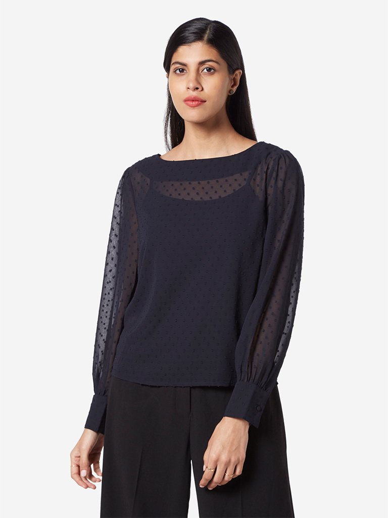 Wardrobe Navy Patterned Dobby Top With Camisole