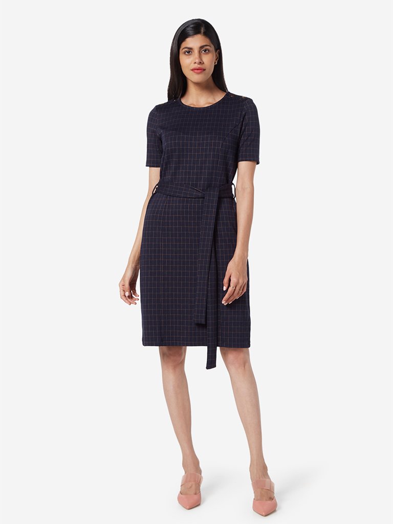 Wardrobe Navy Checkered Dress With Belt
