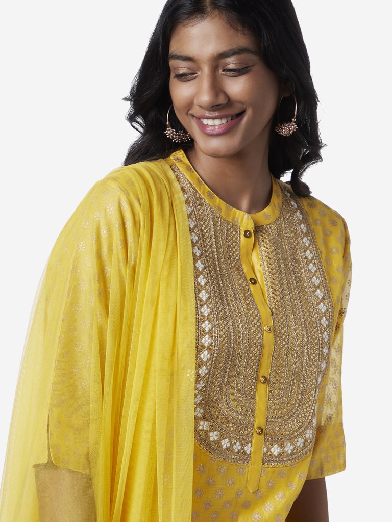 Vark Yellow A-line Kurta, Palazzos And Dupatta