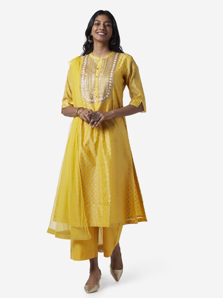 Vark Yellow A-line Kurta, Palazzos And Dupatta