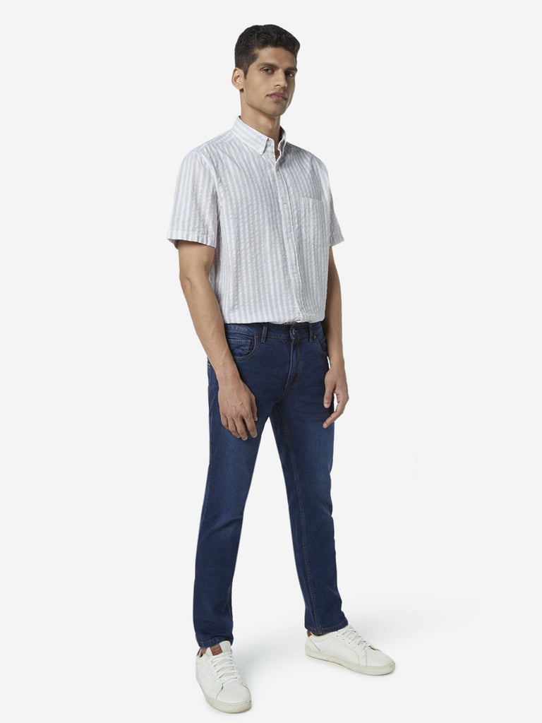 WES Casuals Beige Seersucker Relaxed Fit Shirt