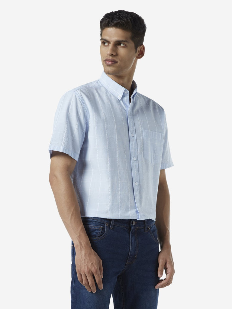 WES Casuals Light Blue Checked Relaxed Fit Shirt