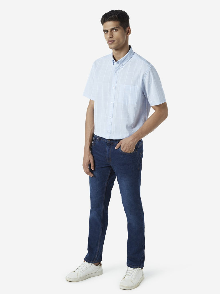 WES Casuals Light Blue Checked Relaxed Fit Shirt