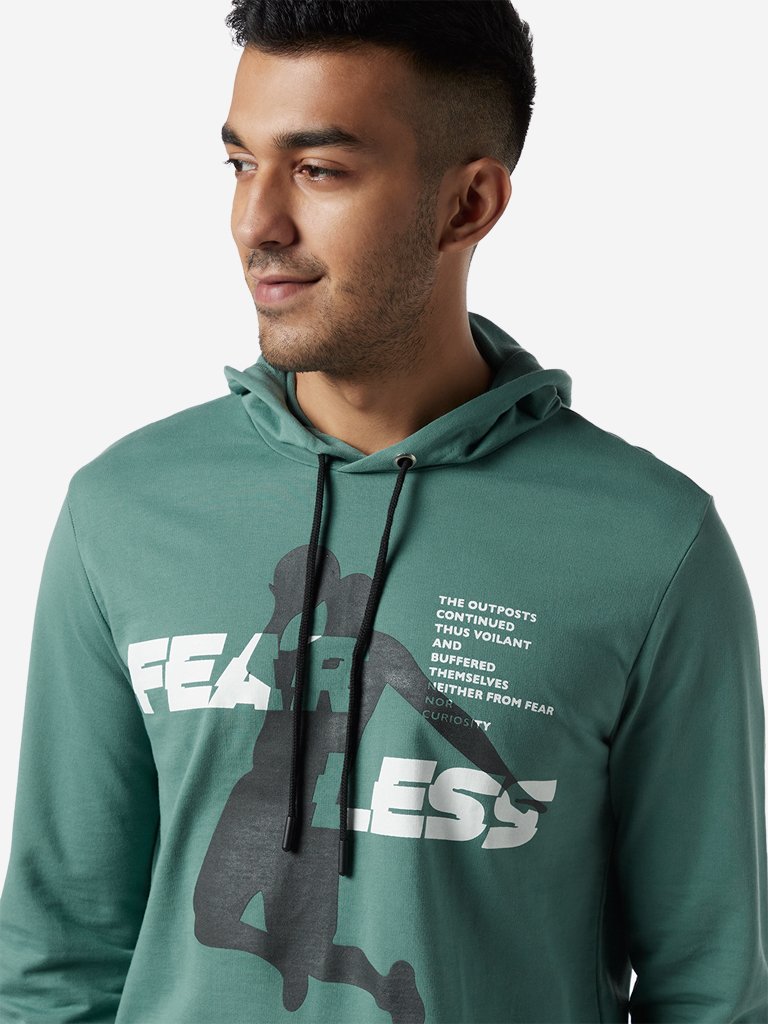 Nuon Sage Green Printed Hooded Sweatshirt