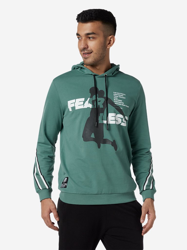 Nuon Sage Green Printed Hooded Sweatshirt